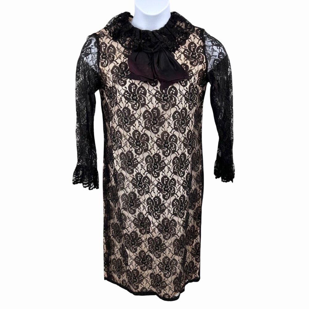 VINTAGE SEARS FASHIONS BLACK LACE OVERLAY DRESS W/ RUFFLED COLLAR & SLEEVES SATI